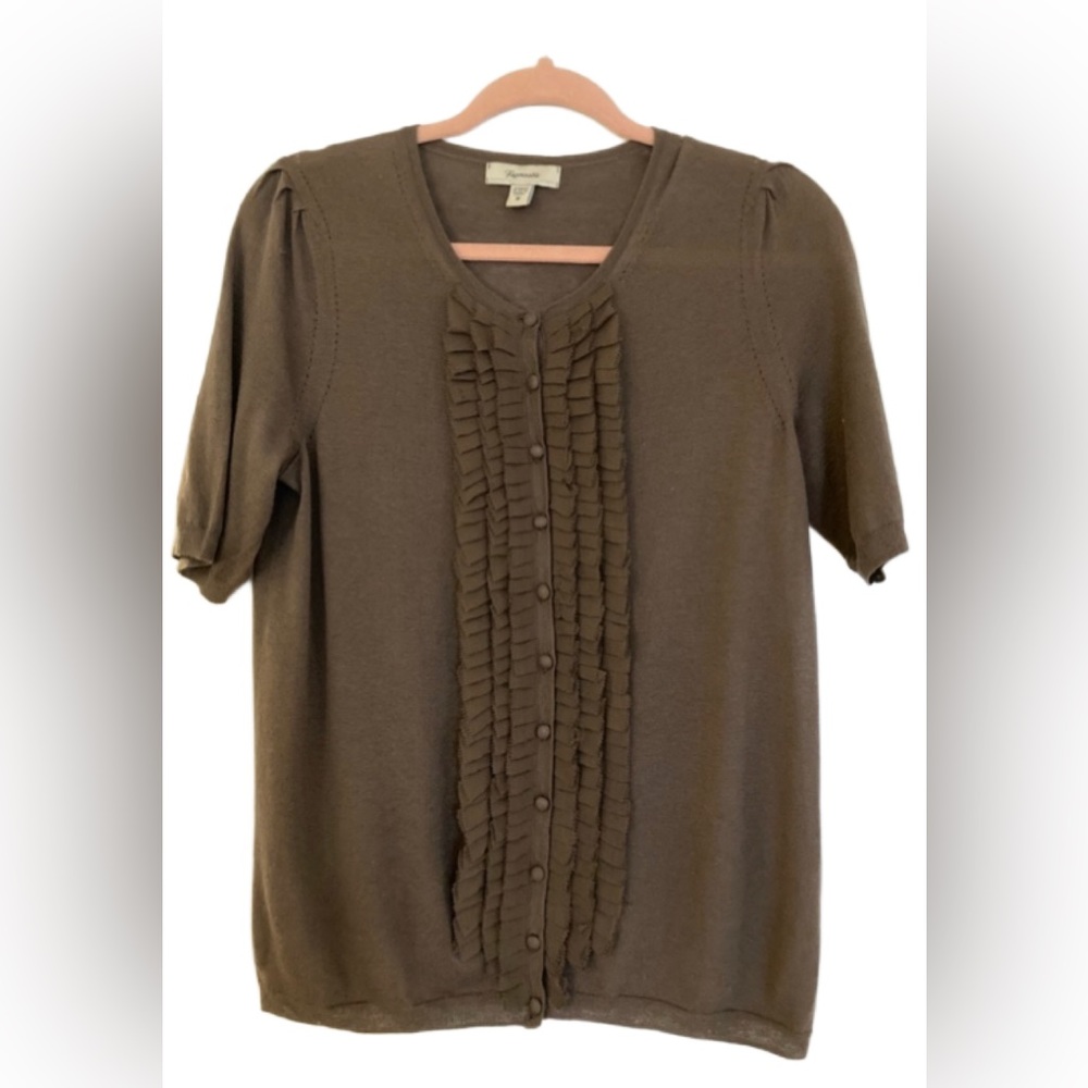 Short sleeve, button up, brown, silk/wool, ruffled top by Faconnable. Size Med.